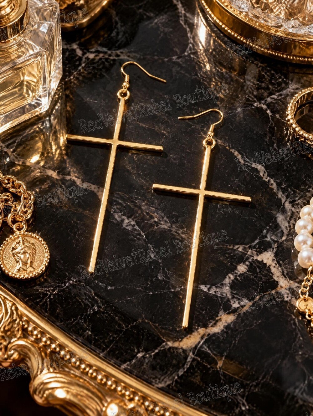 NWT Chic Large Minimalistic Cross Gold Drop Earrings
